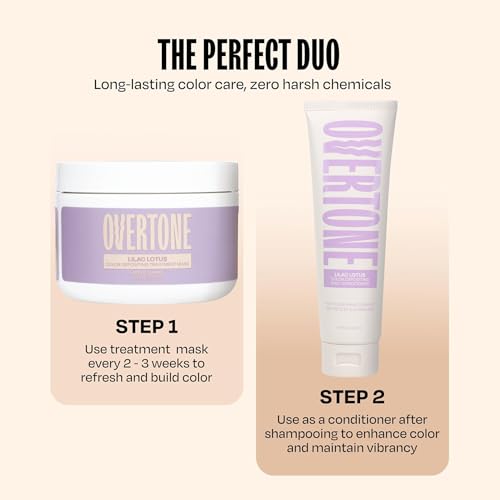 Image of OVERTONE Color Depositing Treatment Hair Mask, Lilac Lotus, 8 oz | Semi Permenant & Nourishing Coloring Conditioner for All Hair Types, Contains Shea Butter & Coconut Oil, Vegan & Cruelty-Free