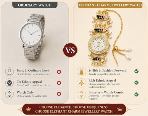 Image of Kashmiri Gold Plated Elephant Charm Bracelet Watch for Women & Girls | Adjustable Chain Analog Jewellery with Crystal & Pearl Studded Ethnic Design for Festive, Wedding, Party & Gift