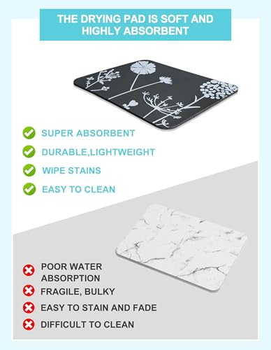 Image of Dish Drying Mat for Kitchen Counter, 12 inchx19 inch Rubber Backed (Gray Daisy)