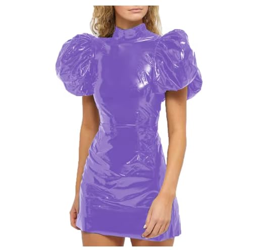 Robe de soirée moulante à manches courtes en cuir PVC effet mouillé pour femme