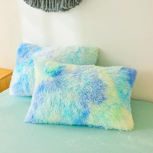 Faux Fur Fluffy Tie Dye Mint Green Comforter Cover King Set – Plush Faux Fur Tie Dye Mint Green Bedding 3-Piece Set (1 Duvet Cover + 2 Furry Pillow Shams) Cozy Bed Set