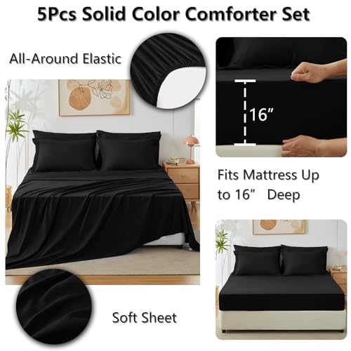 CozyLux Twin Comforter Set Black, 5 Pieces Bed in a Bag Twin Comforter Set with Sheets, All Season 5PC Bed Sets with Down Alternative Comforter, Fitted Sheet, Flat Sheet, Pillow Sham and Pillowcase