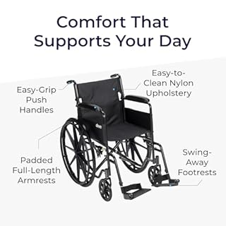 Drive Medical Silver Sport 1 Folding Transport Wheelchair - Lightweight Mobility Support - Full Armrests - Removable Swing-Away Footrests - Durable Steel Construction - Compact Folding Frame - Black