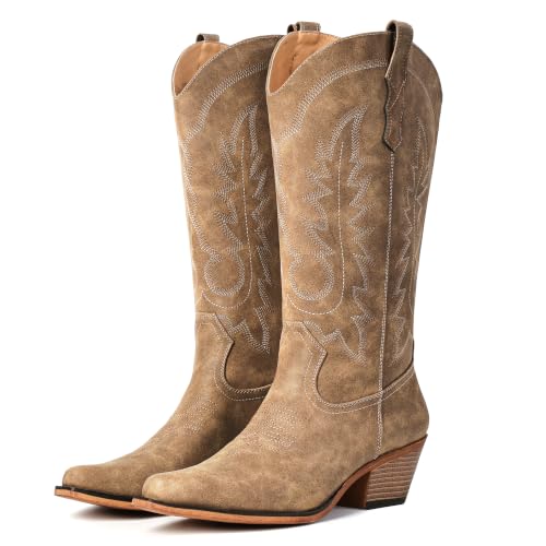 Image of Women's Pointed Toe Mid Calf Cowboy Boots - Cowgirl Boots with Chunky Heel