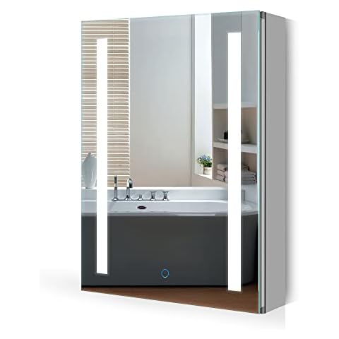 Quavikey® Bathroom Mirror Cabinet With Shaver Socket And LED Lights Grey Illuminated Bathroom Mirror Cupboard Wall Mount With Shelf Demister 500 x 700 Cover