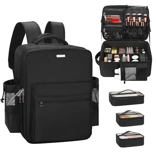 Relavel Makeup Backpack Extra Large Makeup Bag with 5 Removable Pouches Professional Makeup Artist Kit Travel Train Case Cosmetic Organizer Box for Nail Polish Hair Tools Barber Supplies Black