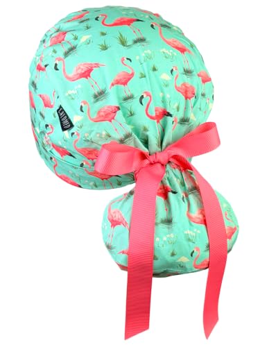 Image of Scrub Cap for Women and Men, Ponytail Scrub Caps, Working Hat, Head Cover with Ribbon Ties and Buttons, Long Hair