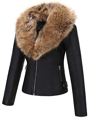 Geschallino Kurzjacke aus Kunstleder für Damen, Motorradjacke mit abnehmbarem Kunstpelzkragen 9201 Schwarzgelb XXL