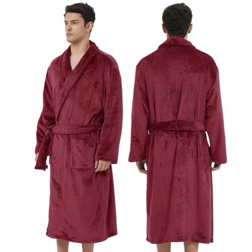 Mens Fleece Bathrobe with Shawl Collar,Soft Warm Knee Length -Mens' Plush Bathrobe- Soft Fleece Spa Bath Robe for Men3
