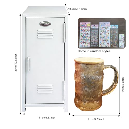Image of Mini Locker with Lock Key Stickers Box Metal Small Locker Mini Locker Miniature Storage Girls Lockbox Desktop Storage Organizer for Cash Money Jewelry Safe Dollhouse Furniture Accessories (White)