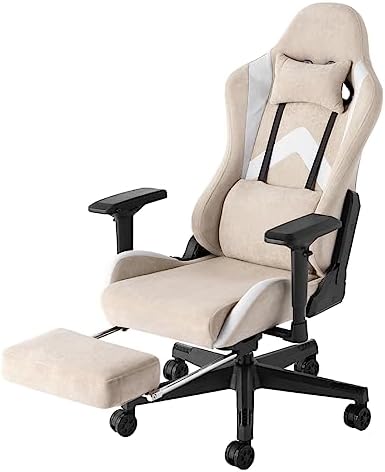 CYBER GROUND 68800008 (86609) Gaming Chair, Suede Style, No Logo, 4D Armrest, High Back, Elevating Type, Reclining, Locking, Head Cushion, Movable, Lumbar Support, Ash Beige