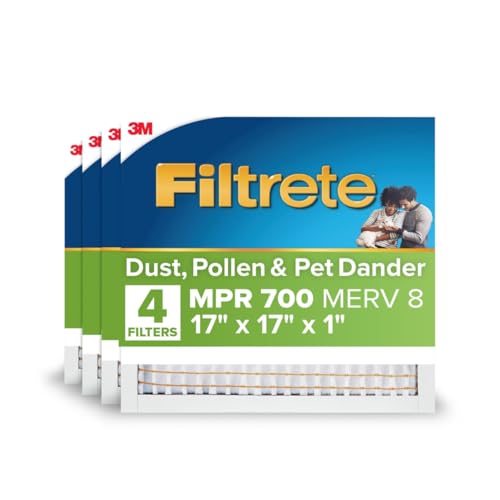 Image of Filtrete 17x17x1 AC Furnace Air Filter, MERV 8, MPR 700, Tough on Pollen, Easy on Airflow, 3-Month Pleated 1-Inch Electrostatic Air Cleaning Filter, 4-Pack (Actual Size 16.687 x 16.687 x 0.81 in)