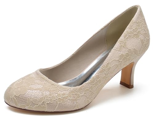 Hanfike Low Heel Shoes for Wedding Bridal Slip-on Lace Formal Party Evening Pumps JY151