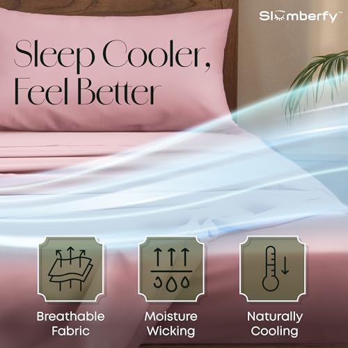 Image of Slumberfy 3-Piece 400 TC Viscose Derived from Bamboo Sheets, Twin XL Size - 1 Fitted, 1 Flat, 1 Pillow Case - Deep Pocket Cooling Viscose-Bamboo Bed Sheets in Magnetic Closure Gift Box, Light Pink