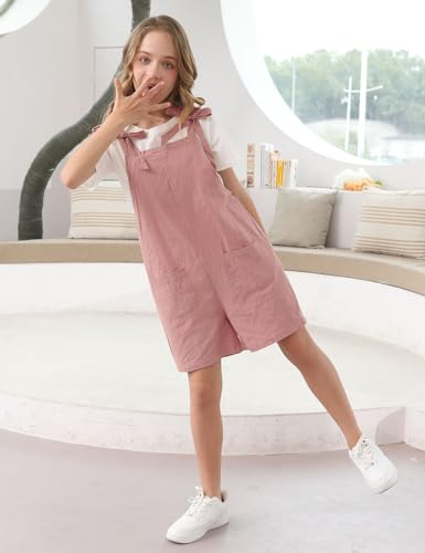 Image of Girls Romper Sleeveless Adjustable Tie-Up Strap Short Jumpsuits Summer Clothes with Pocket 5-12 years