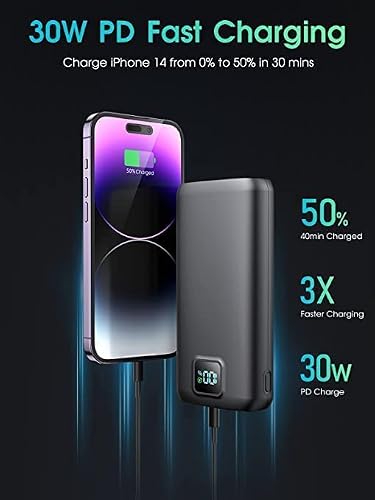 Portable-Charger-Power-Bank - 40000mAh Power Bank PD 30W and QC 4.0 Quick Charging Built-in Bright flashlight LED Display 2 USB 1Type-C Output for Most Electronic Devices on The Market(Carbon Black) - Thumbnail 4