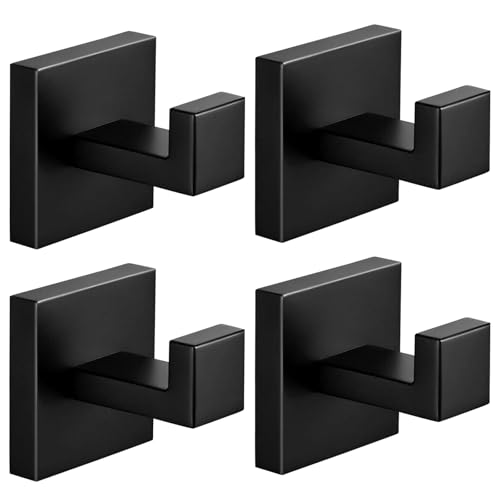 SANGFOR - Towel Hooks,SUS304 Stainless Steel Towel Hook Anti-Rust,4 Pack Modern Matte Black Towel Hooks for Bathroom,Heavy Duty Square Hooks,Easy Installation Bathroom Hooks,Black Hooks for Bathroom/Kitchen