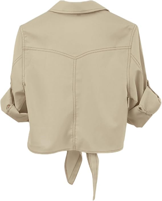 AMEBELLE Women's Roll Up 3/4 Sleeve Tie Front Knot Shirt Chambray Denim Crop Top - Image 2