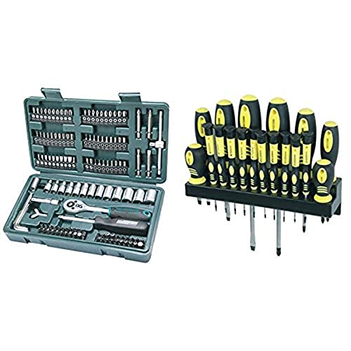 Mannesmann M29166 - Maletín con juego de llaves de vaso y puntas de destornillador (130 piezas) + Mannesmann - M11410 - 18 piezas Juego de destornilladores con soporte de pared