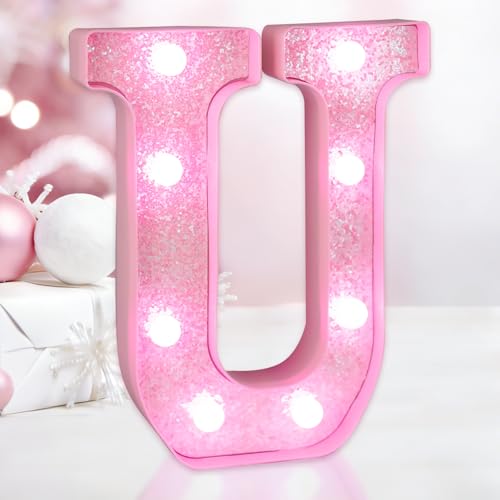 IFDGCTK Pink Glitter LED Light Up Letter U, Cold White Light Marquee Letter