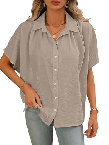 Image of GRECIILOOKS Oversized Shirt for Women | Shirt Top for Woman |Women's Color Block Button Down Blouse - Casual Loose Fit Short Sleeve Summer Shirt's Work, Vacation & Everyday Wear