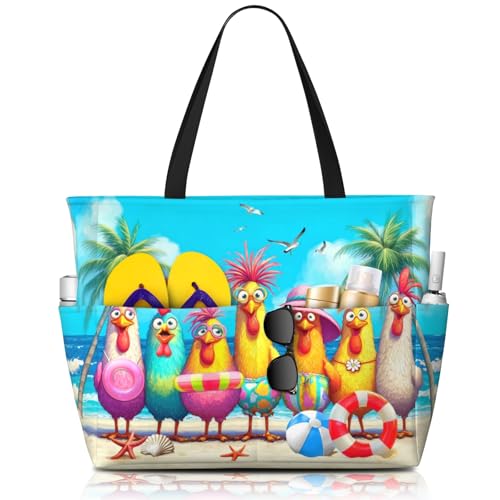 Waterproof Funny Chicken Beach Totes Bags with Zipper Extra Large Beach Bag for Women Pool Bags with Wet Compartment Large Rooster Travel Bag for Weekend for Women Men Perfect for Vacation Gym