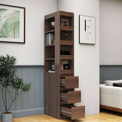 LUMISOL 71' H Tall Bookcase with 4-Tier Shelf and 3 Side Drawers, Freestanding Display Book Shelf for Bedroom, Modern Tall Narrow Bookshelf, Black
