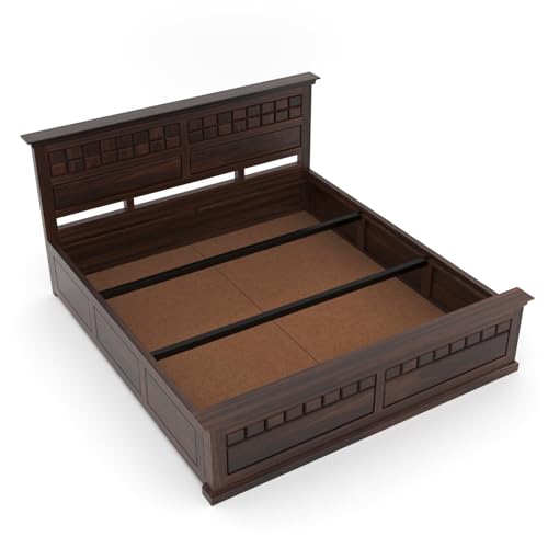 Image of Sheesham Wood King Size Bed with Storage Box | Wooden Box Bed King Size Double Cot Bed with Storage for Bedroom | Chocolate Dalla Design Headboard Bed for Hotel, Home | Walnut Finish