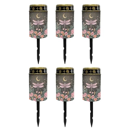 Image of Poceacles Solar Lights Outdoor Cemetery Grave Decor, Solar Memorial Lights Solar Pillar Candles Solar Powered Waterproof Outdoor Stake Lights Grave Markers, Pink Dragonfly Flower Moon, Pack of 6