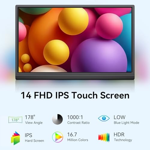 Image of 14 Inch Touchscreen Portable Monitor, FHD 1080P IPS HDR Ultra Slim Travel Screen, USB-C Powered with Built-in Speakers for Laptop, PC, Mac, PS4, PS5, Xbox Gaming Consoles