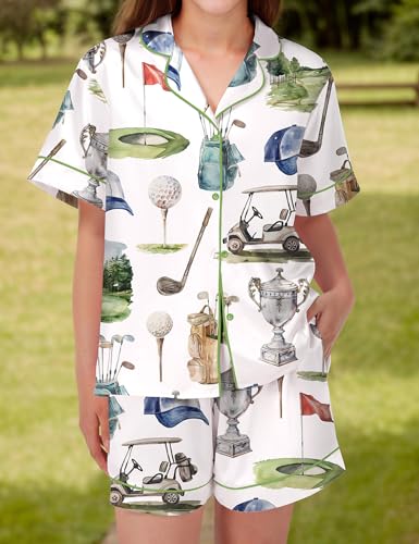 Image of SHESHOW Pajamas for Women Set Satin Button Down Short Sleeve Top and Shorts Pjs Sets Sport Ball Print Sleepwear XS-XXL