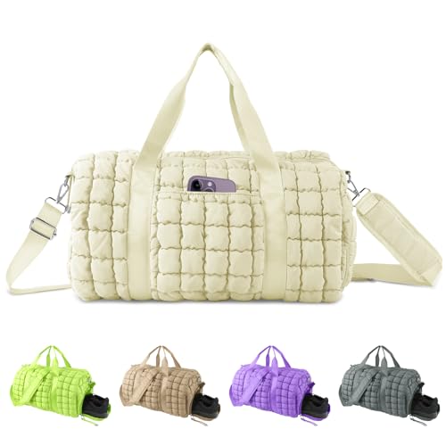 Image of Quilted Travel Duffle Bag Gym Bag for Women,Large Puffer Duffle Weekender Bag with Compartment,Workout Overnight Carry on Organizer Bag Duffle Bag for Airplane Travel(L-Off-white)