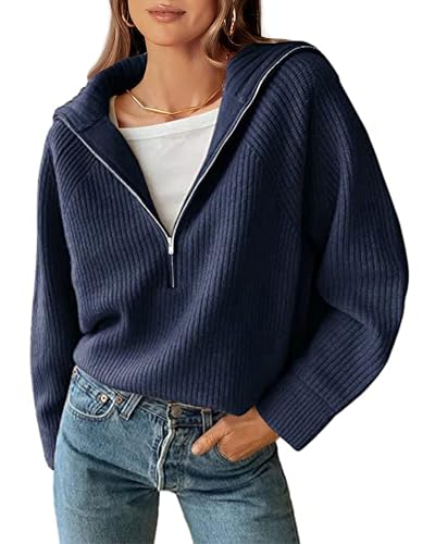 BTFBM Casual Rib Knit V Neck Quarter Zip Womens Sweaters 2026 Fall Fashion
