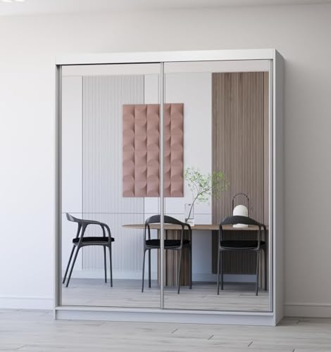 Fabryka Mebli Idźczak Kleiderschrank mit Spiegel, Schiebetüren - Schwebetürenschrank, Schlafzimmerschrank - ‎61 x 183 x 218 cm - Weißer Schrank für Schlafzimmer, Wohnzimmer, Garderobe