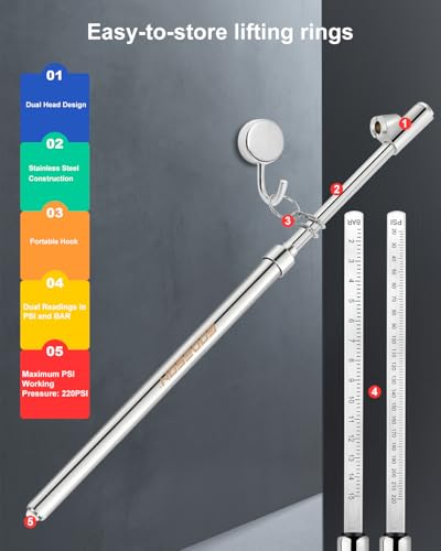 Image of GODESON 13.5 inch Dual Head Tire Pressure Gauge, 20-220PSI /2-15Bar High Accuracy Semi trcuk tire Gauge, Heavy Duty Pencil Pressure Gauges Checker for RV & Truck, Stainless Steel Solid Body, Portable