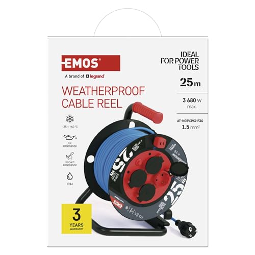 Carrete de cable de 25m EMOS de 1,5 mm2 impermeable con 4 enchufes Schuko IP44 7