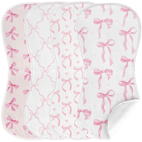 Image of Besaomeom 4 Pack Pink Bow Baby Burp Cloths Soft Absorbent Spit up Rags Cherry Burp Cloths Pink Burping rag for Boy Girl Newborn Gifts Nursery Decor, 19 x 9 Inches