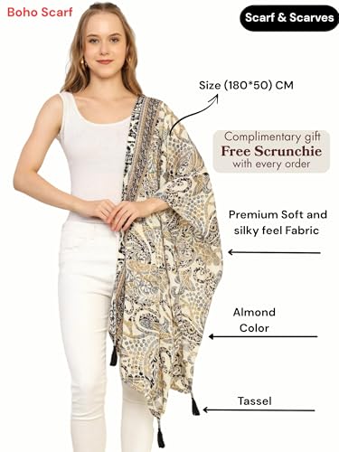 Image of KE KANHA EXPORT Women Scarf|Stole For Women|Scarf For Women Stylish|Stall For Women|Border Print Face Cover Head Wrap|Boho|Beach|Multicolor|180x50cm|Pack Of 1|FREE Scrunchie Included