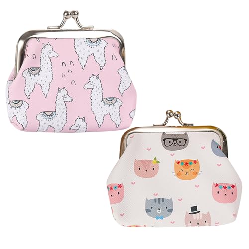 ZWWOGE 2 Stück Niedliche Mini-Schnallen-Münzgeldbörsen, Brustbeutel Kinder für Junge und Mädchen, Geldbeutel Kinder Portemonnaie, Süßes Cartoon-Münztäschchen(Alpaka und Katze)