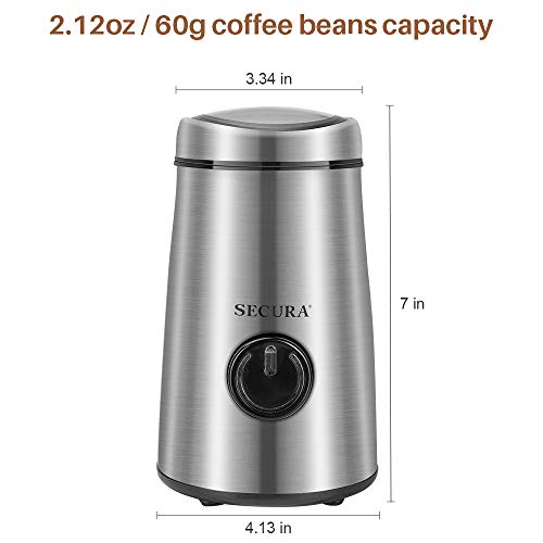 Secura Electric Spice Grinder and Coffee Grinder with Stainless Steel Blades, 2.12 Ounce, for Grinding Coffee, Spice, Nuts, Herbs, Pepper