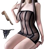 [OLYOLY] 3点セット 過激な透け ミニスカ ボディコン ベビードール ワンピース 大きいサイズ マイクロミニ コスプレ下着 セクシー レディース 穴あき Tバック ニーハイ 付き (01 黒)