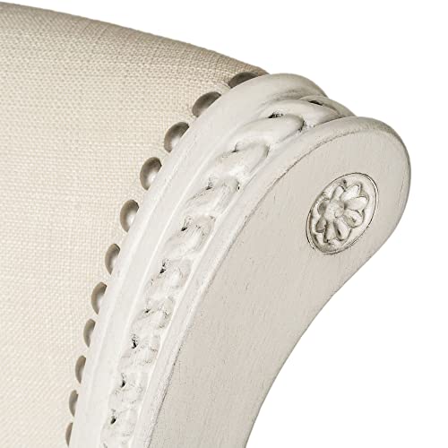 Maven Lane Pullman Wooden Kitchen Counter Height Stool 25" With 180 Degrees Swivel, Brushed White Oak Finish And Natural Fabric, Nail Head Trim Design #TOP2