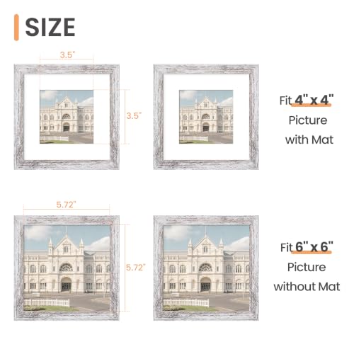Image of upsimples 6x6 Picture Frame, Display Pictures 4x4 with Mat or 6 x 6 Without, Wall Hanging Square Frames, Rustic White, 1 Pack
