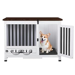 33.3 Inch Wooden Dog Crate Furniture – Multi-Functional Dog Crate Side Table with 360° Swivel Feeder for Small and Medium Dogs with Removable Tray, Easy to Assemble, Easy to Clean