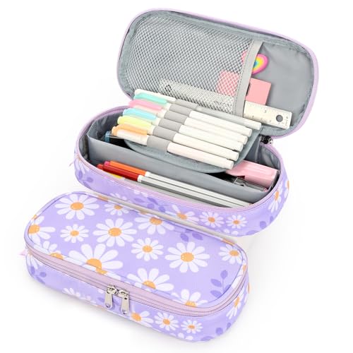 Image of mibasies Girls Pencil Case for Kids, Multi-Slot Pencil Pouch, Daisy Purple