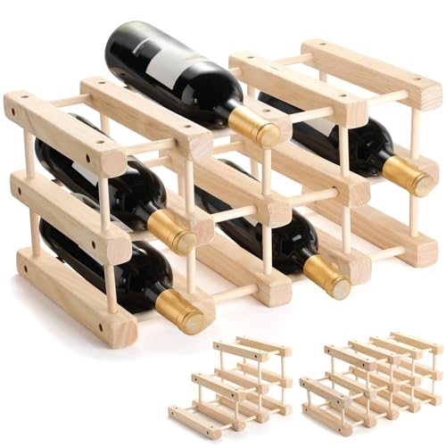 THE WHITE SHOP Wine Racks Countertop, 12 Bottles Capacity Wine Rack Free Standing Floor, DIY Assembly Wooden Wine Storage Holder Stand Shelf, Wine Bottle Organizer Insert for Cabinet, Home Kitchen,Res