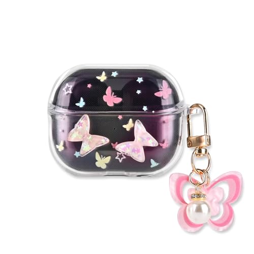 CameCosy for Samsung Galaxy Buds 3 FE/Buds 3 Pro/Buds 3 Case with Cute Keychain, Pretty Butterflies Design for Women Soft TPU Protective Premium Cover Case for Samsung Galaxy Buds 3/3 Pro/3 FE-Pink