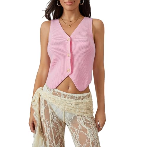 Image of Womens Vintage Knittd Tank Y2k Vest Crop Top Sleeveless V-Neck Open Front Button Crochet Knit Vests Versatile Tops