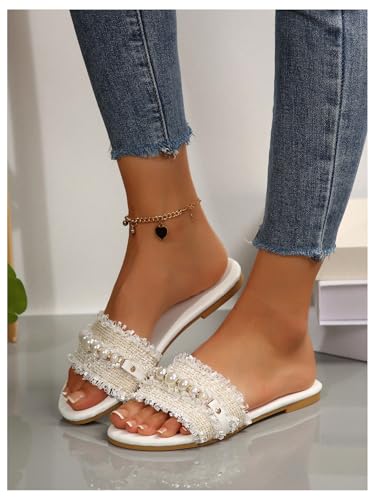 Women's Pearls Chain Flat Sandals Dressy Open Toe Slip On Flats Summer Casual Outdoor Slide Sandals4