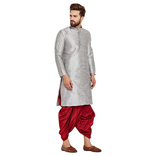 Image of SOJANYA (Since 1958 Men's Off-White and Gold Dupion Silk Dhoti Kurta Set